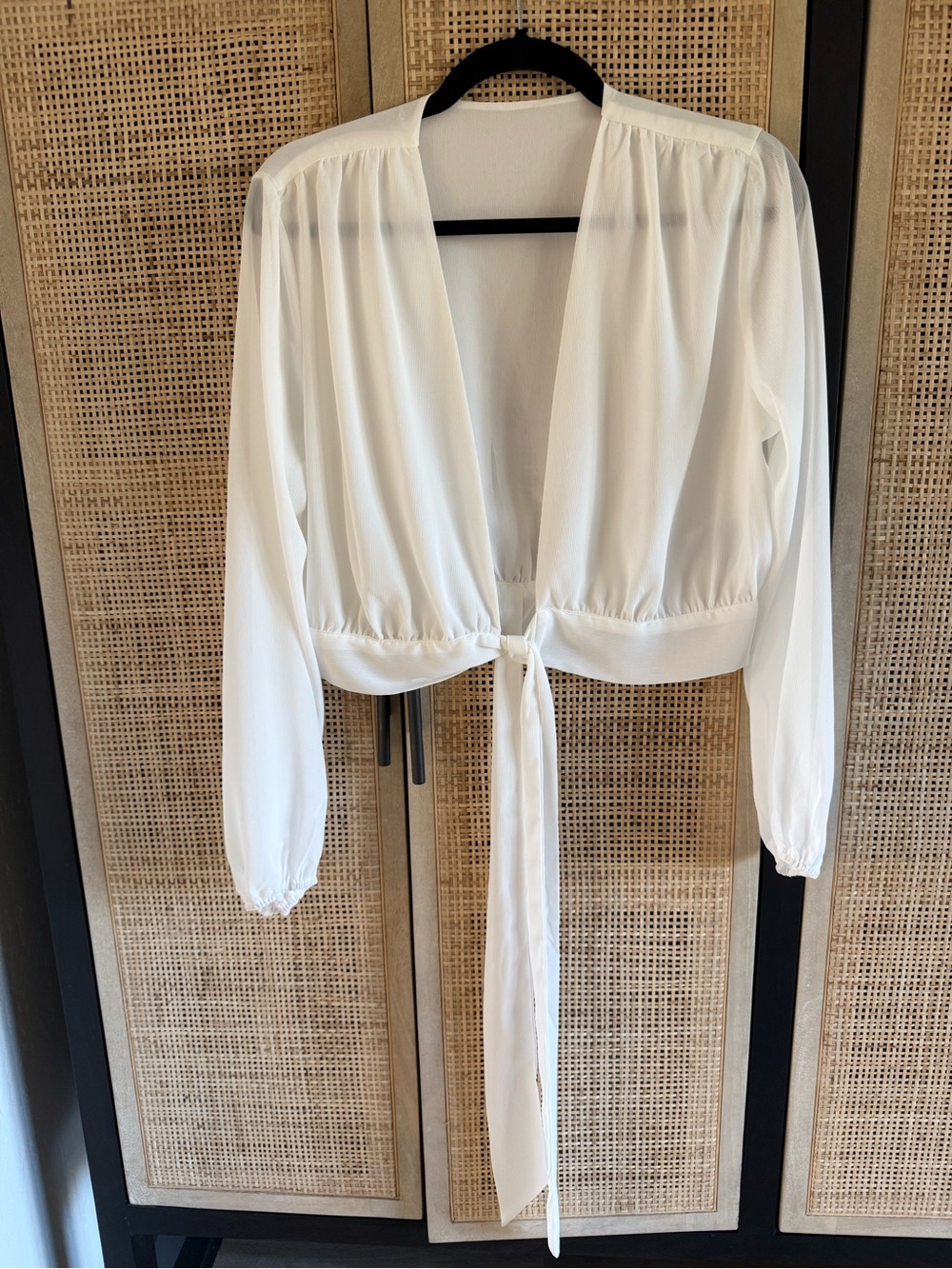 Cropped White Tie-Front Blouse with Long Sleeves